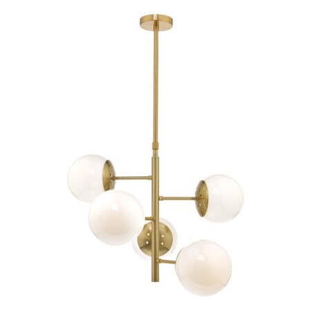 Bombazine 5 Light Pendant Natural Brass & Opal Glass