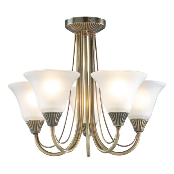 Boston 5 Light Semi Flush Antique Brass Opal Glass