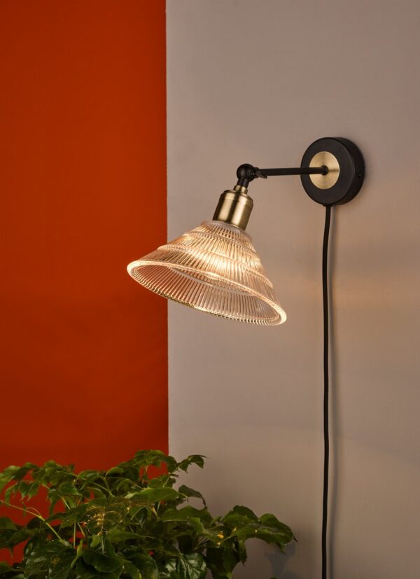 Boyd Wall Light Antique Brass & Matt Black With Glass Shade - Plug In - Image 5