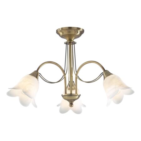Doublet 3 Light Semi Flush Antique Brass complete with Alabaster Glass